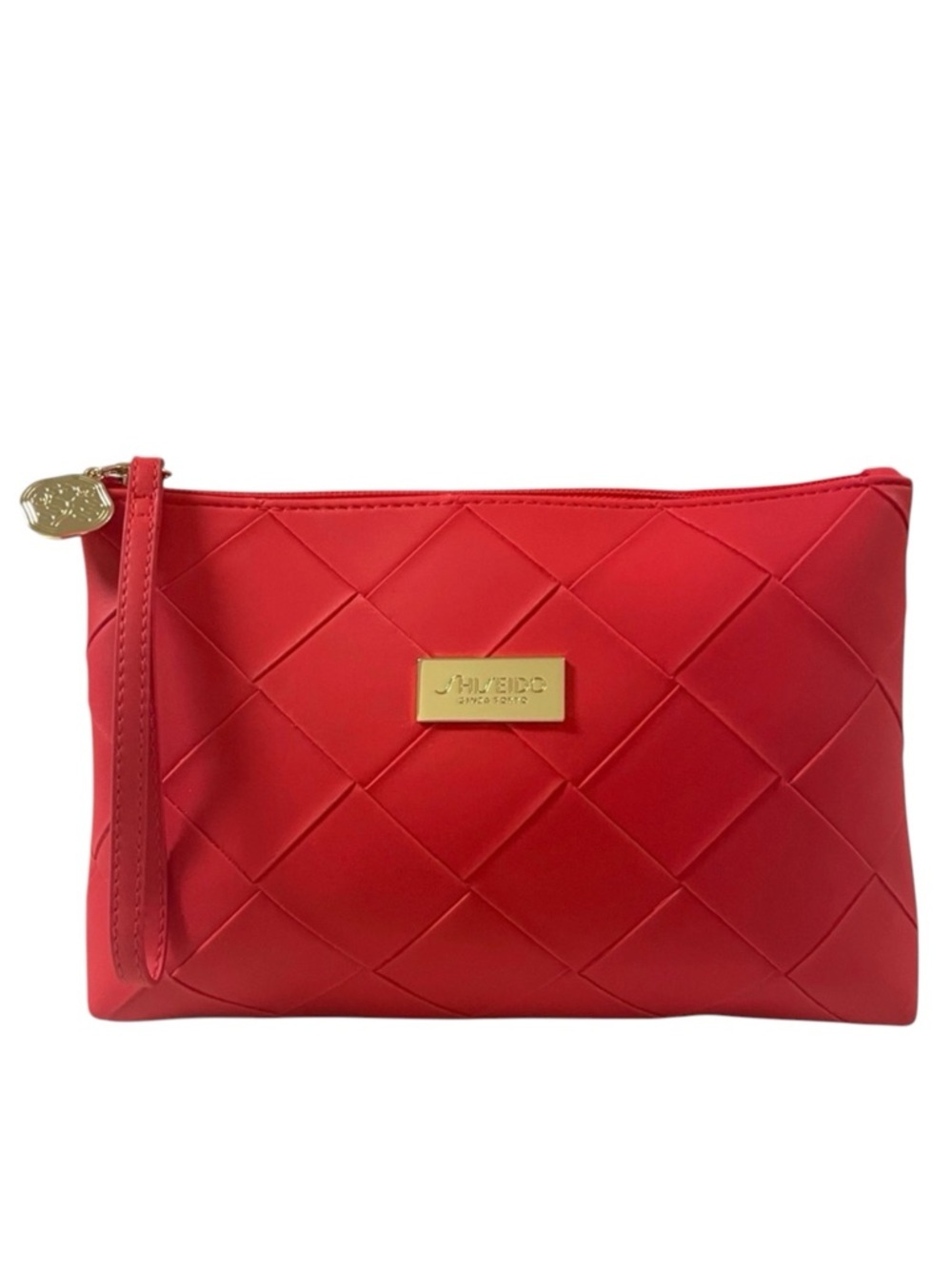 New Shiseido Red Quilted Cosmetic Bag w/ gold accents. Measurements in pictures